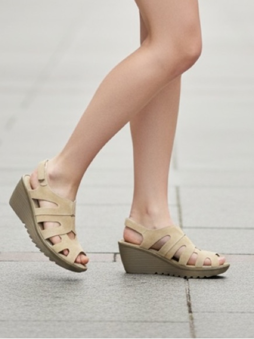 Skechers Suede Peep Toe Slingback Wedges Stylin Neutral Tan Sandals Shoes Sz 7